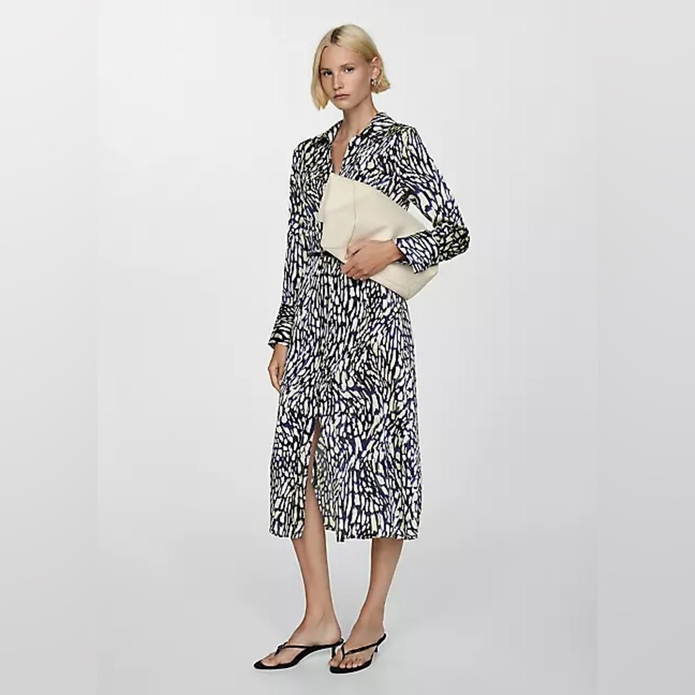 Mango Satin Long Sleeve Midi Dress